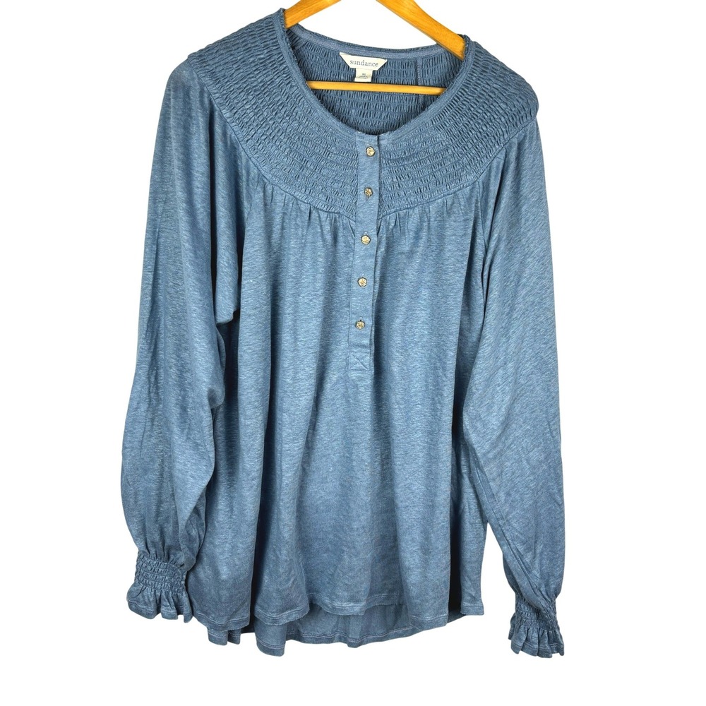 Sundance Womens Balloon Sleeve Smocked Blouse XL Blue Linen Knit Relaxed Artisan